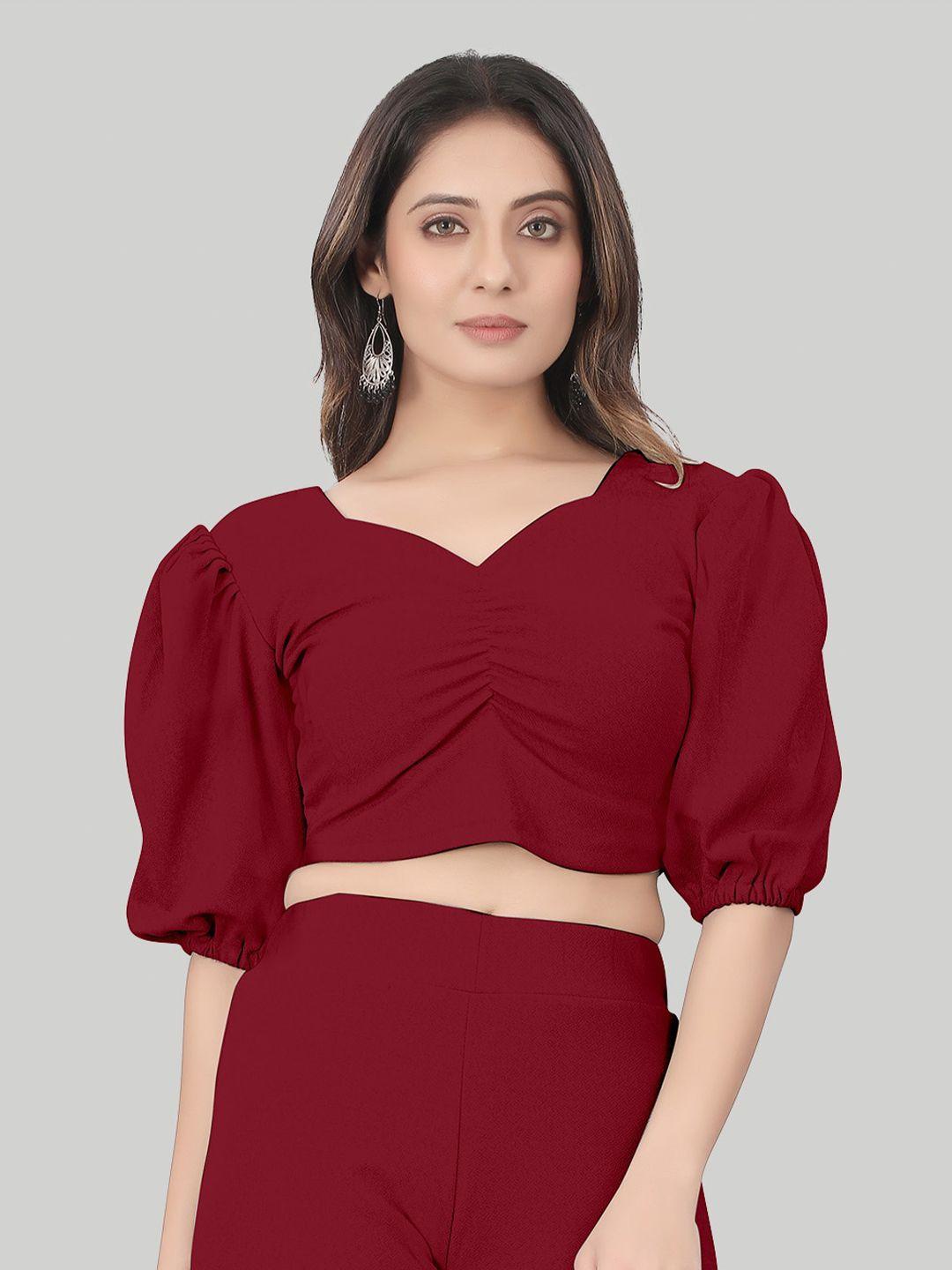 lee tex v-neck puff sleeves gathered crop top