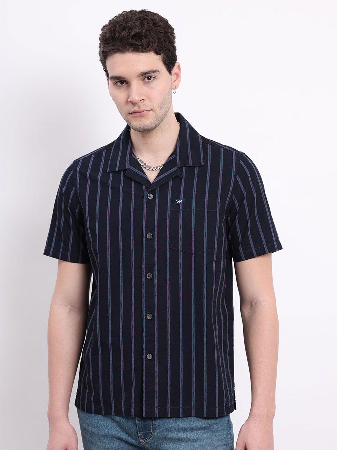 lee vertical striped comfort cuban collar cotton shirt