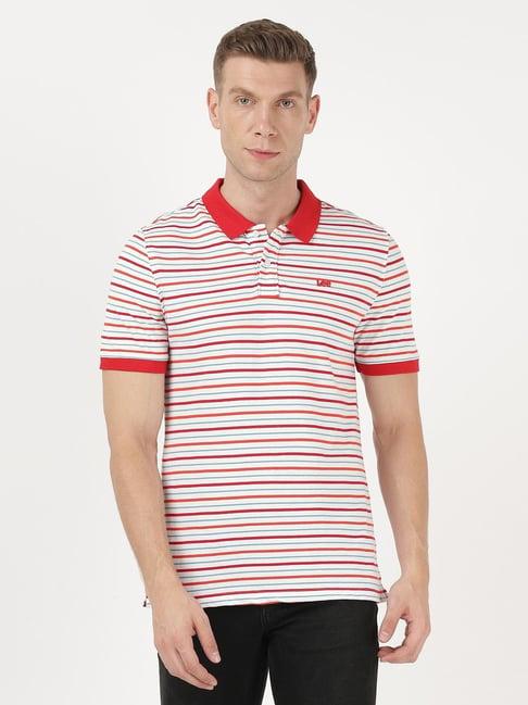 lee white cotton slim fit striped polo t-shirt