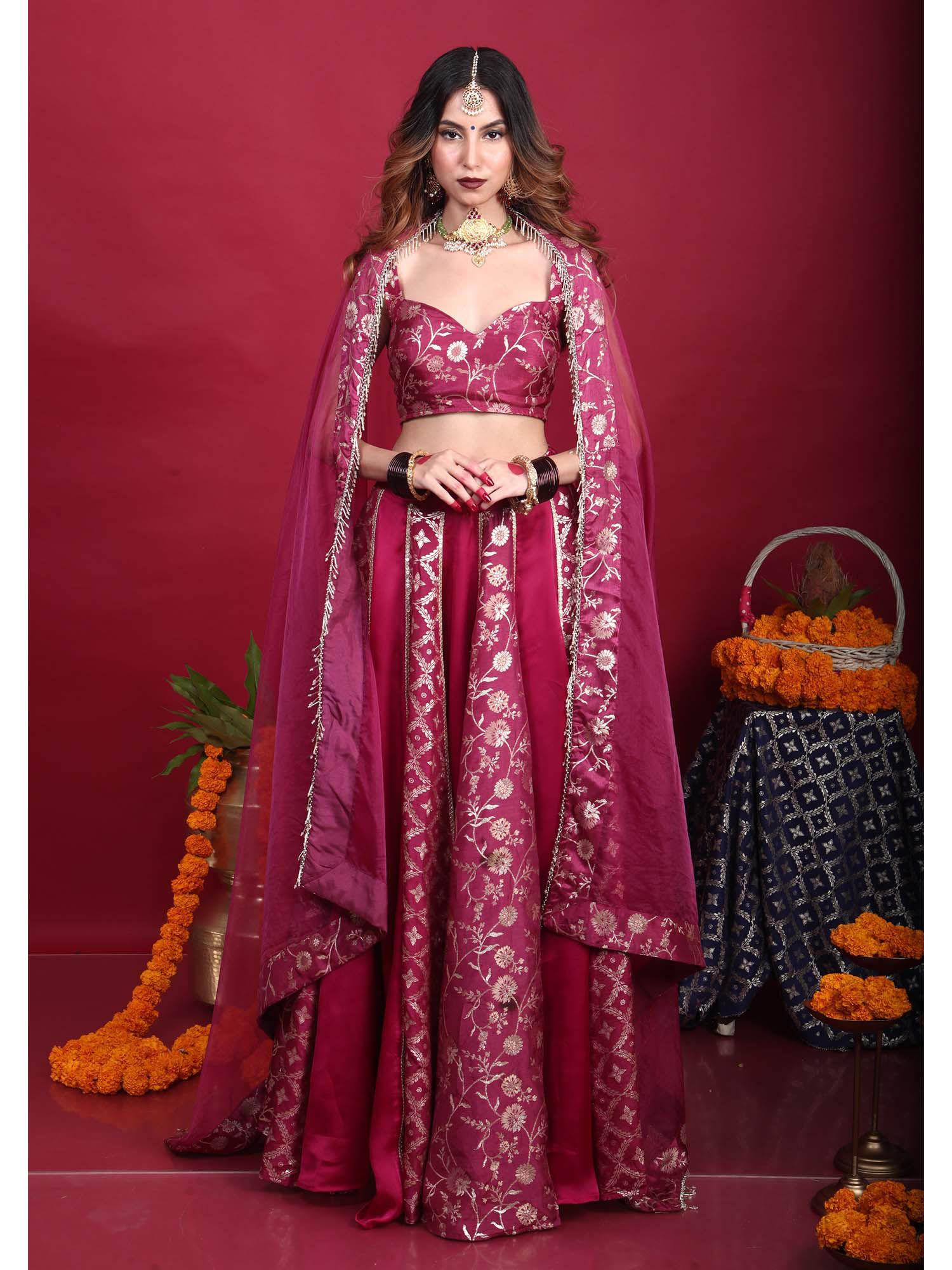 leela-brocade lehenga-plum magenta (set of 3)