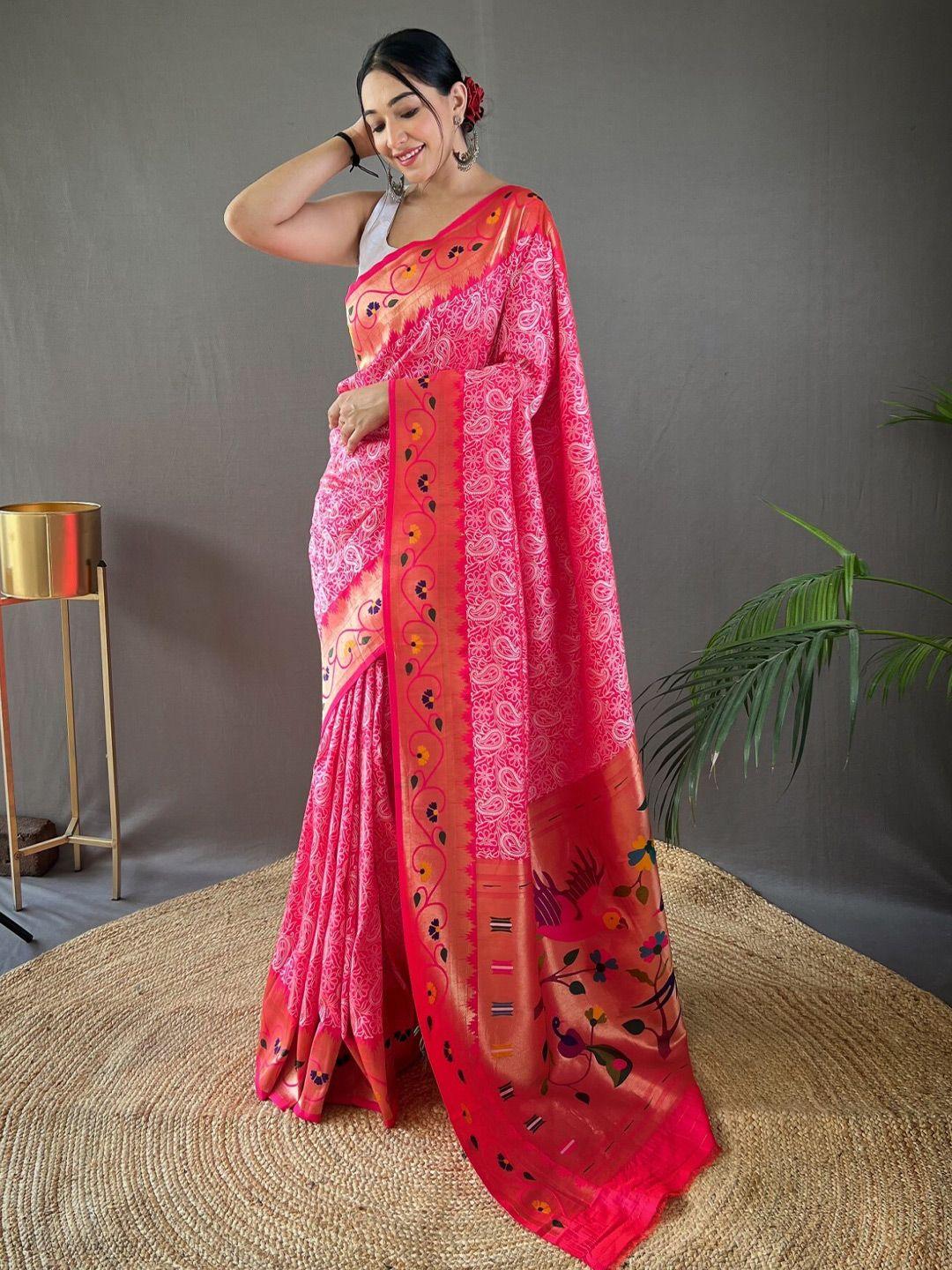 leelipeeri designer pink & white paisley zari silk saree