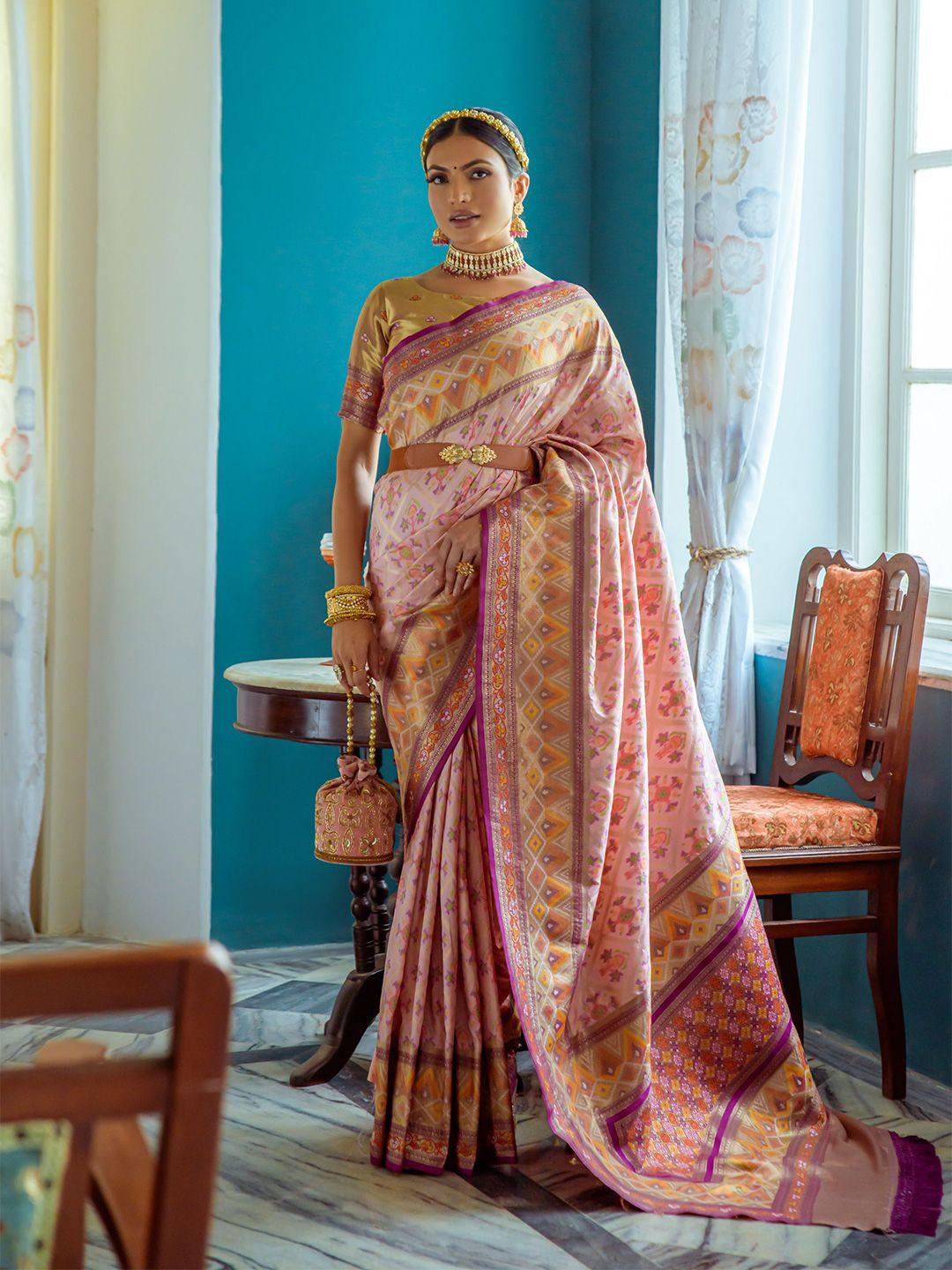 leelipeeri designer ethnic motifs printed zari patola saree with contrast blouse