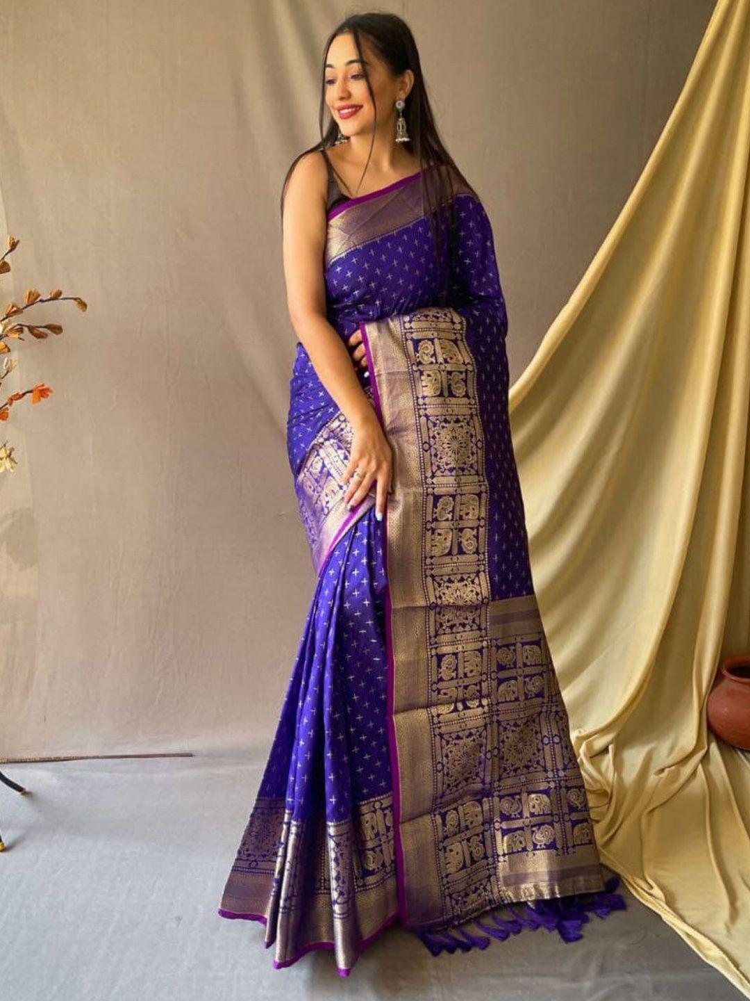 leelipeeri designer violet & gold-toned woven design zari silk blend saree