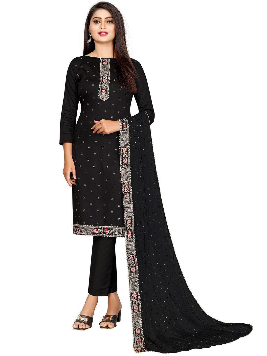 leelyfab women black & gold embroidered semi-stitched dress material