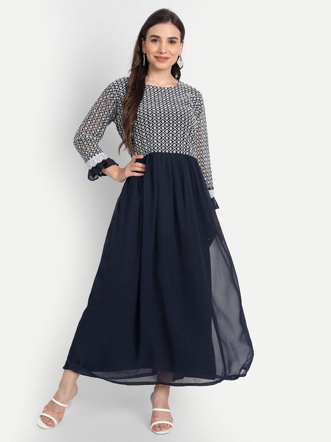 leelyfab women navy blue & white embroidered semi-stitched dress material