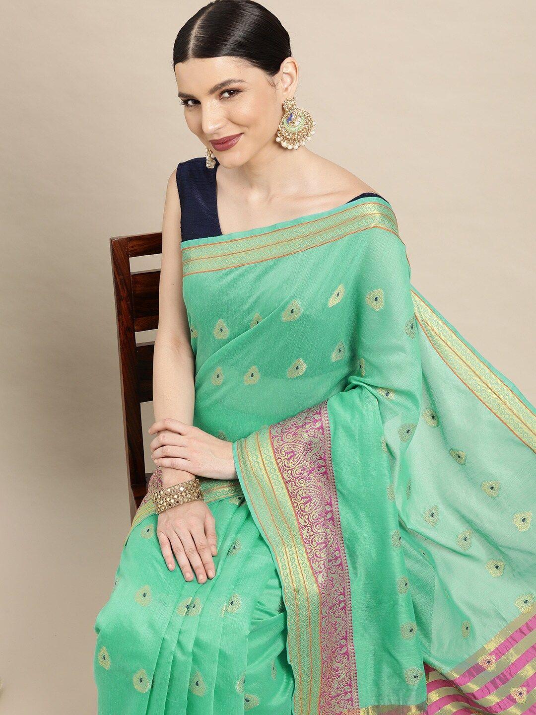 leeza store green ethnic motifs woven design zari banarasi saree