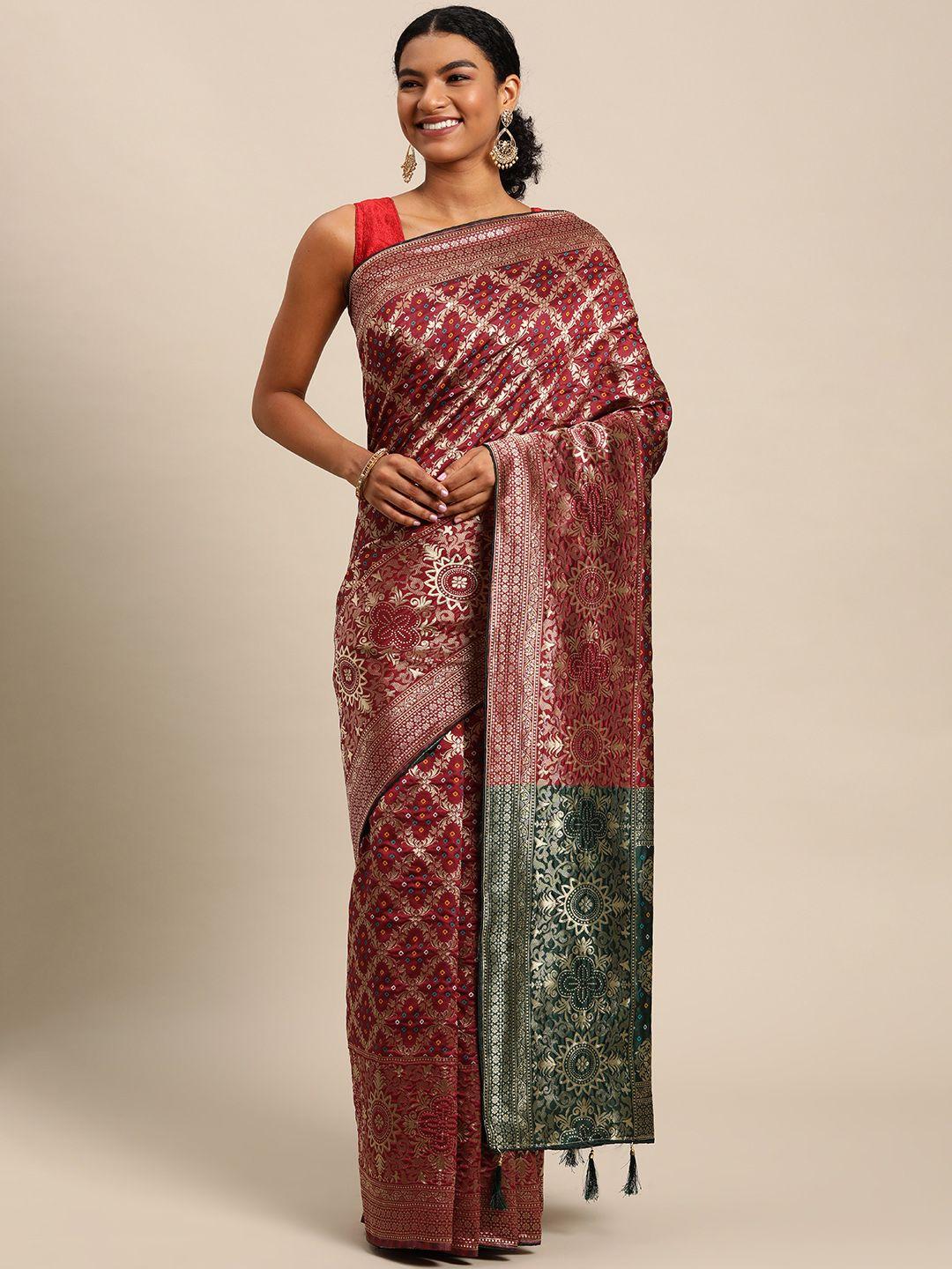 leeza store maroon & golden ethnic motifs zari fusion bandhani saree