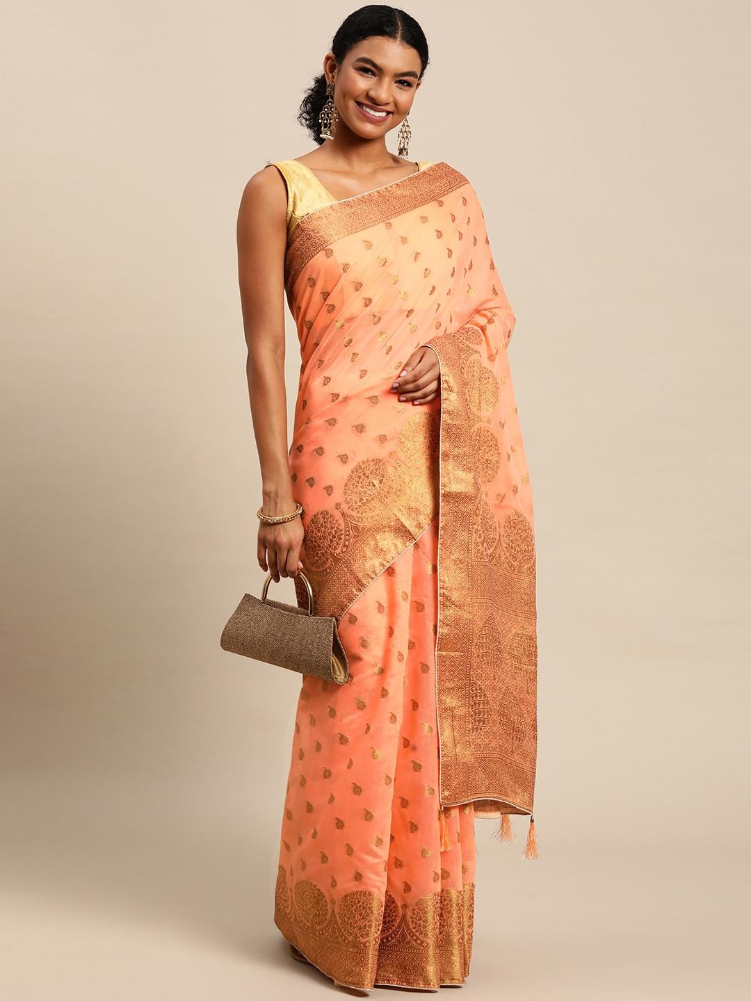 leeza store orange & golden ethnic motifs zari banarasi saree