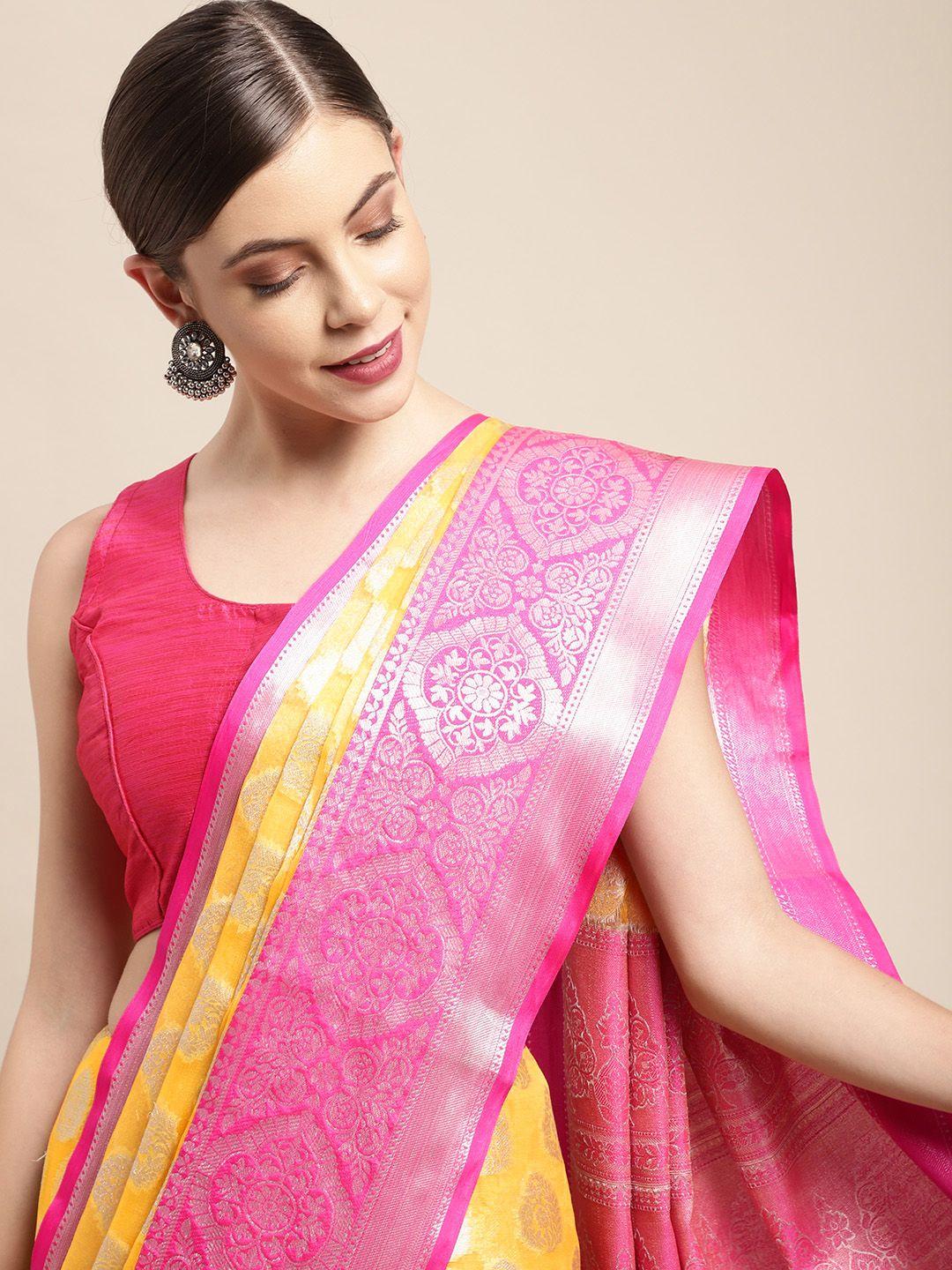 leeza store yellow & pink woven design zari organza taant saree