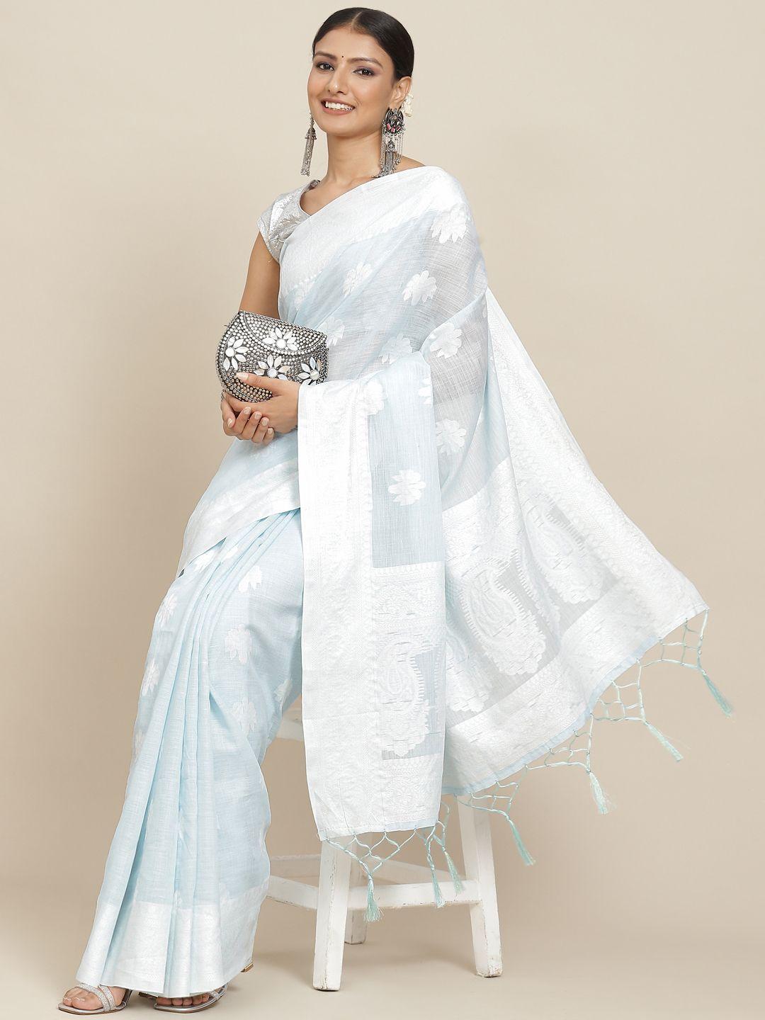 leeza store blue & white ethnic motifs linen blend banarasi saree