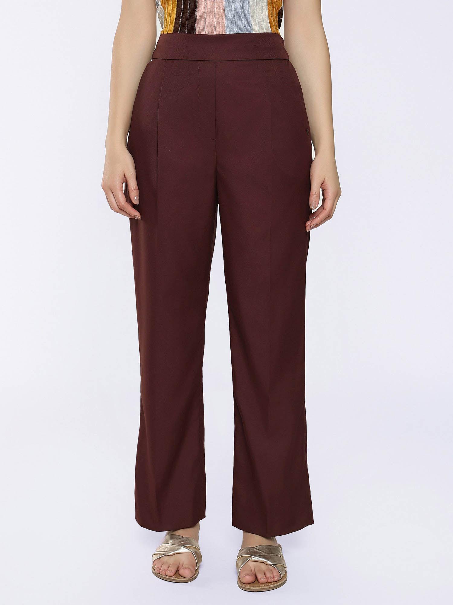 leezo maroon straight plain trousers