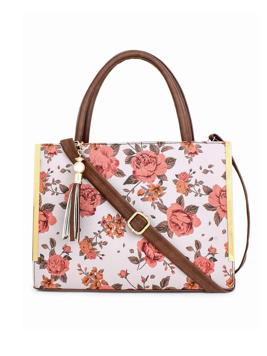 legal bribe brown floral printed pu oversized shopper tote bag with tasselled