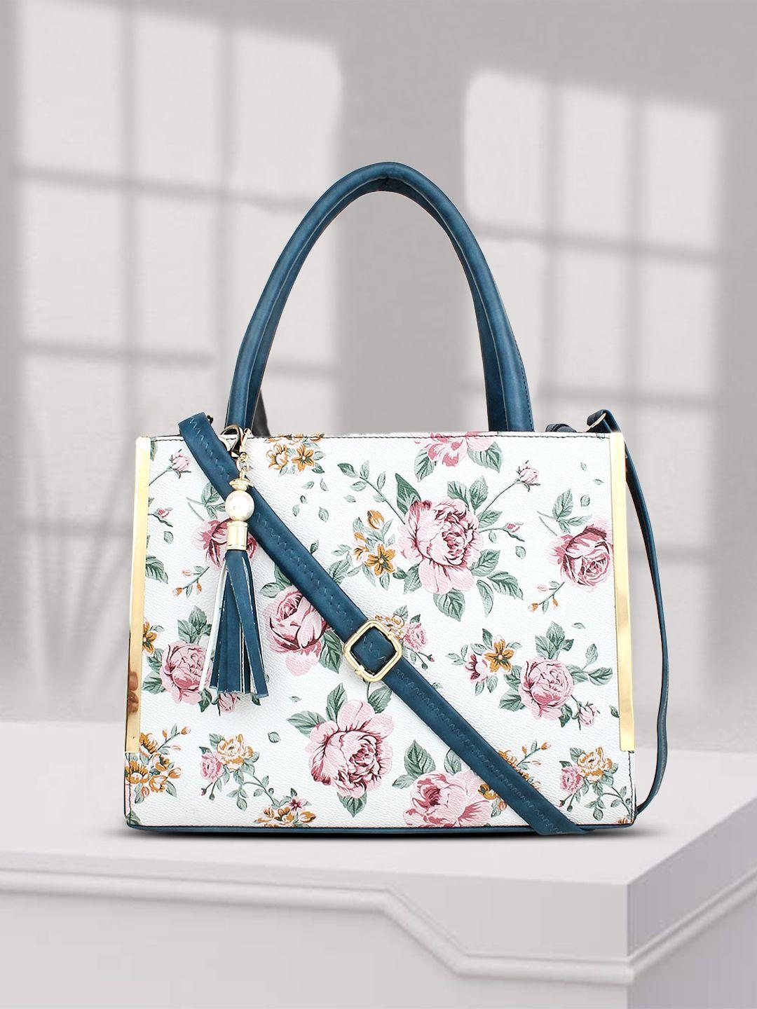 legal bribe blue floral printed pu structured handheld bag with tasselled