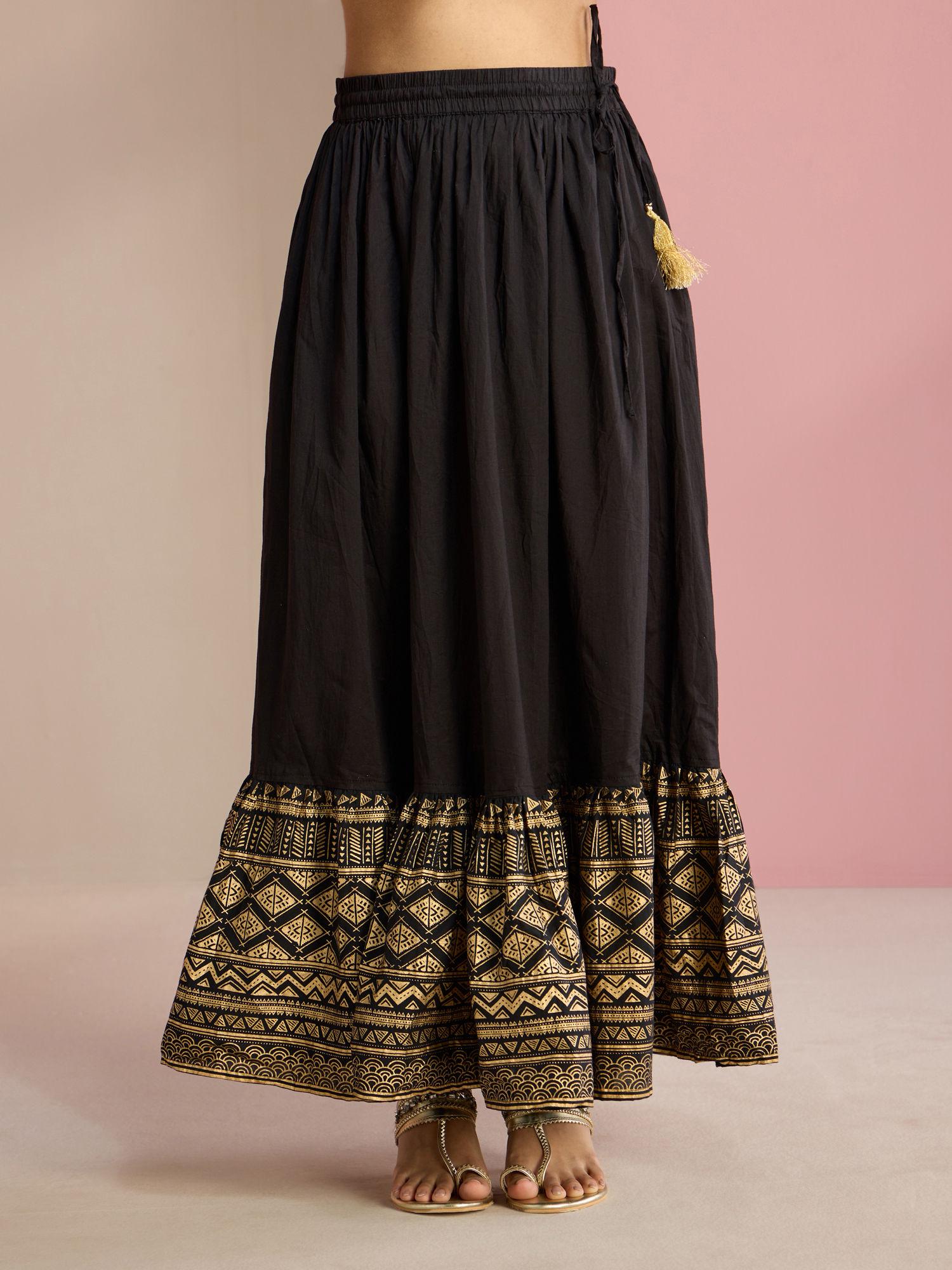 lehan's black cotton solid plain printed skirt