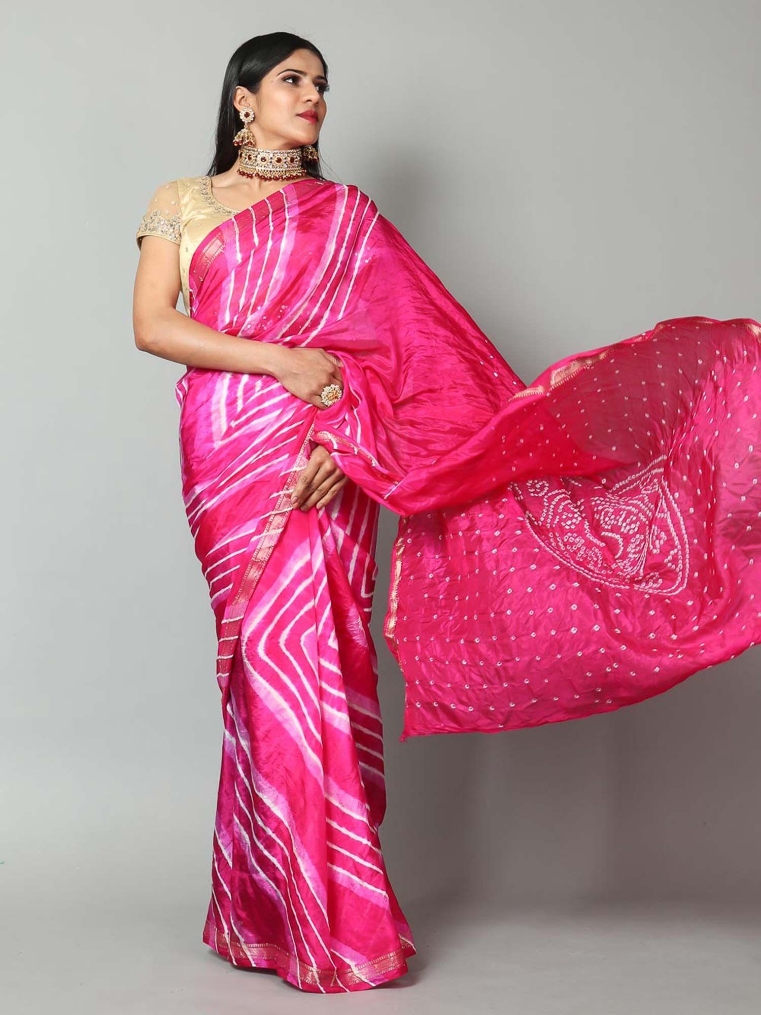 lehariya with zari border and bandhani pallu silk saree with blouse piece with semi-stitched