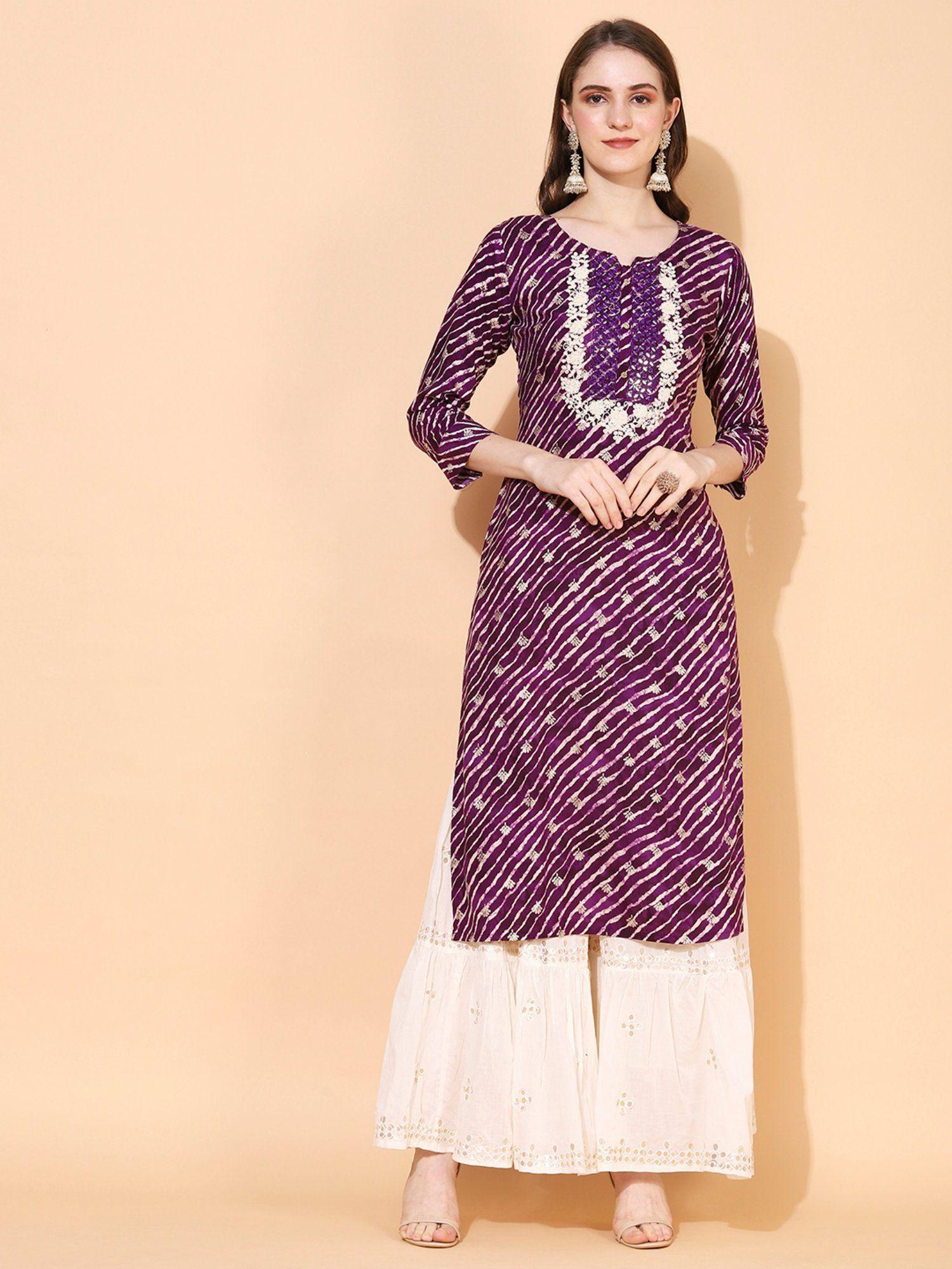 leheriya & embroidered straight fit kurta deep purple