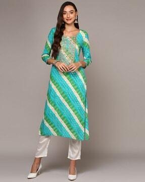 leheriya embroidered round-neck straight kurta