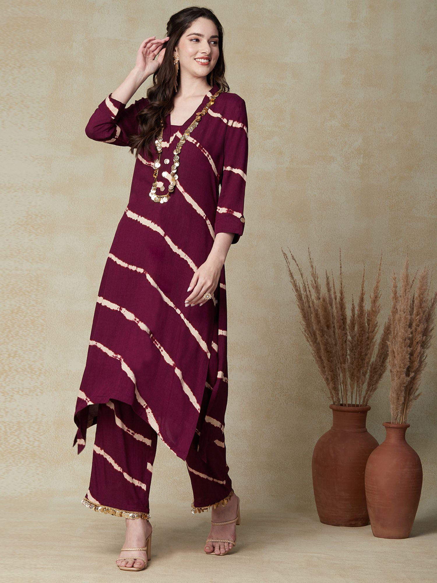 leheriya high- low kurta with palazzo - deep purple (set of 2)