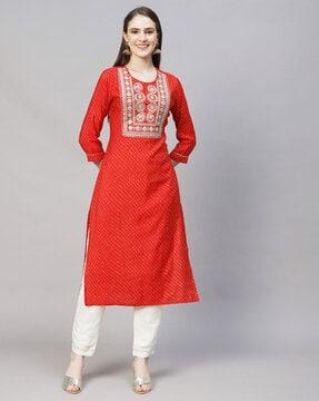 leheriya patterned & yoke embroidered straight kurta