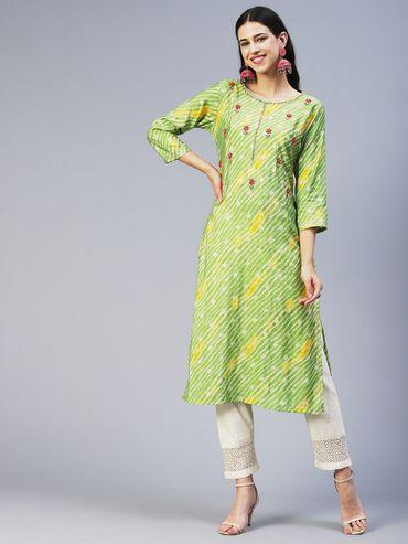 leheriya printed & embroidered straight fit kurta - green