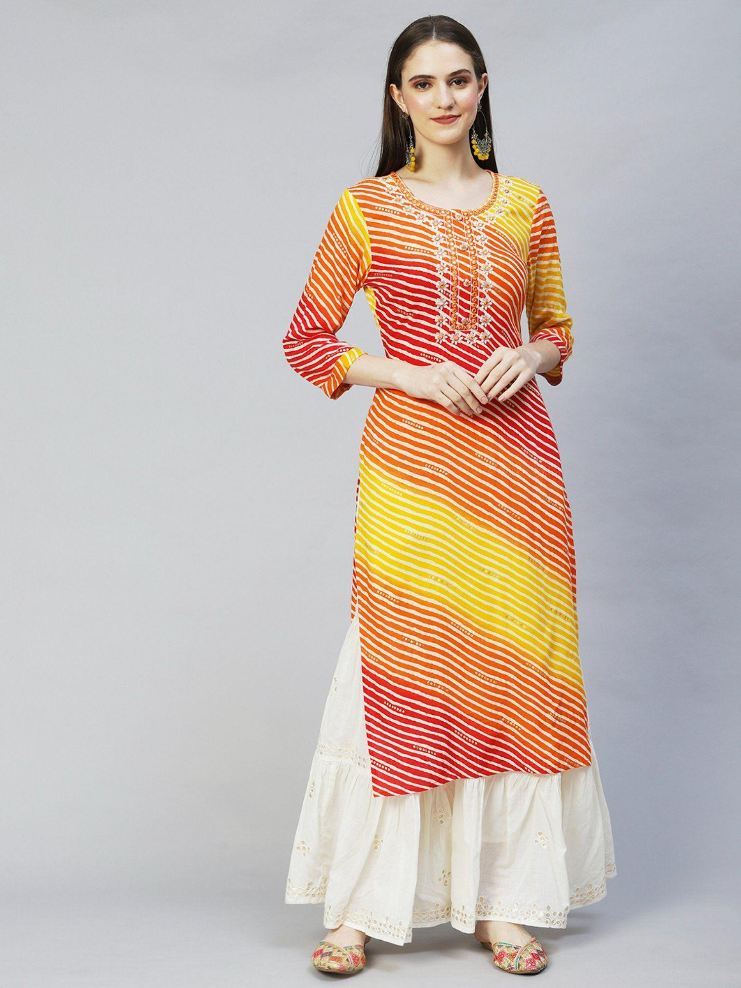 leheriya printed & embroidered straight fit kurta -multi