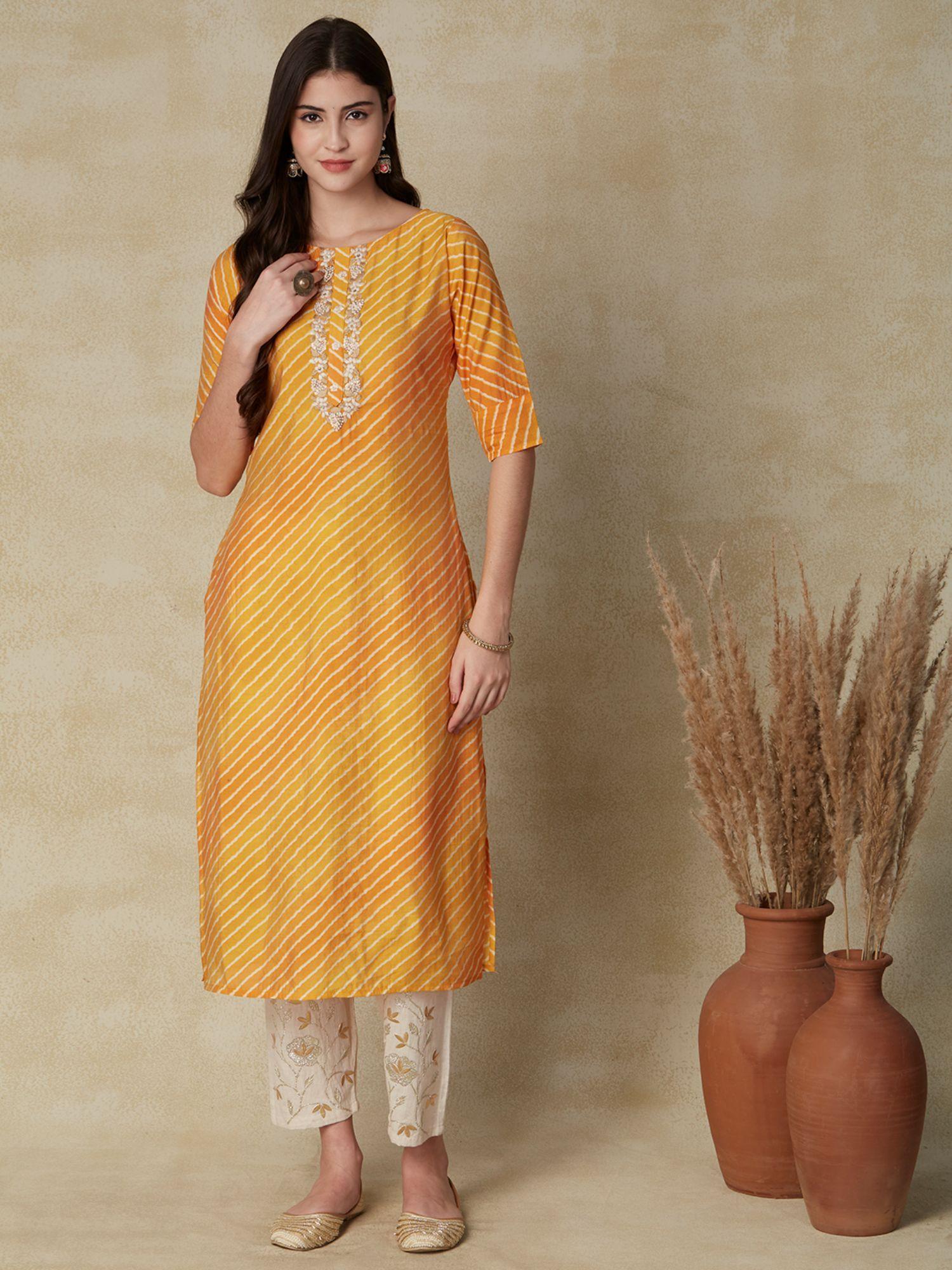 leheriya printed & hand embroidered straight fit kurta - yellow