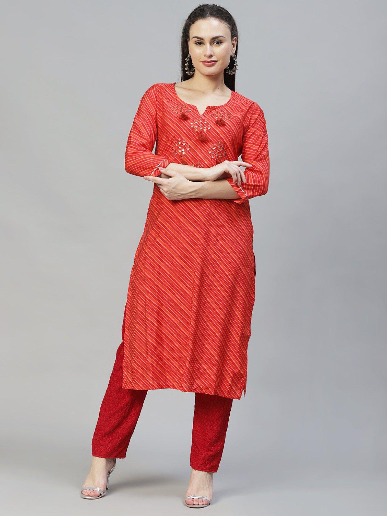 leheriya stripes printed & mirror work straight fit kurta - multi