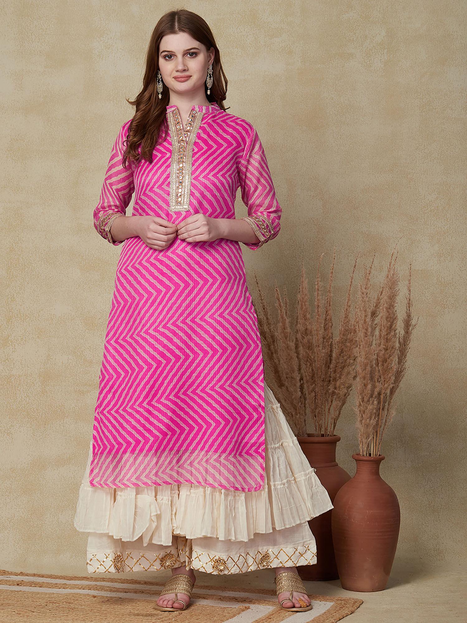 lehriya printed mirror & embellished kurta - fuchsia