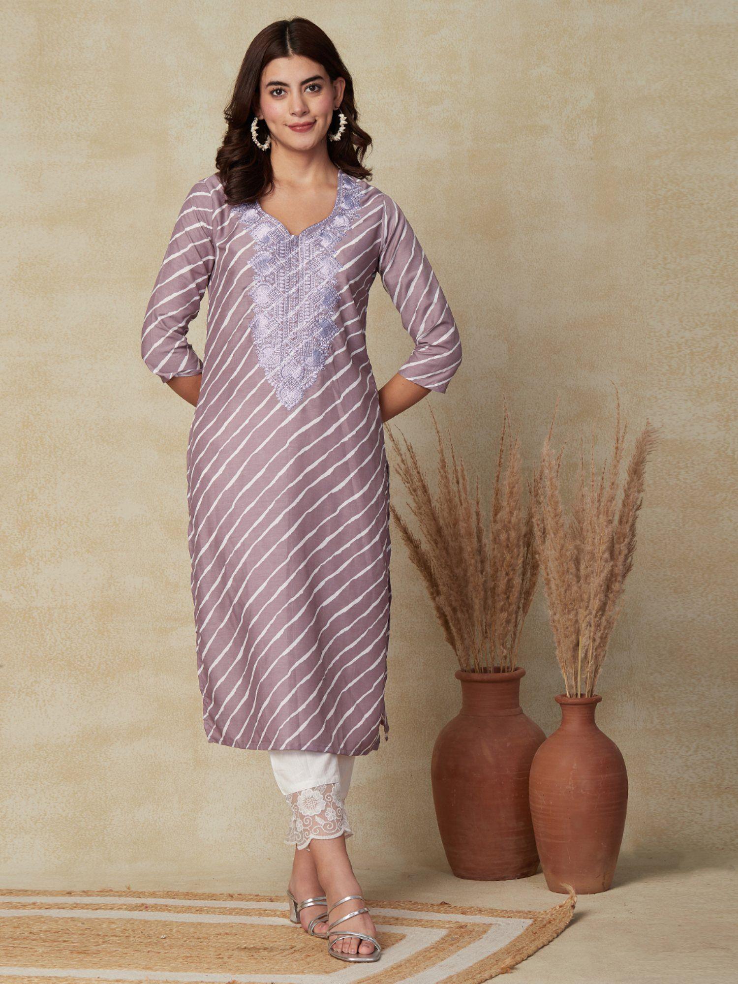 lehriya printed resham embroidered kurta - purple