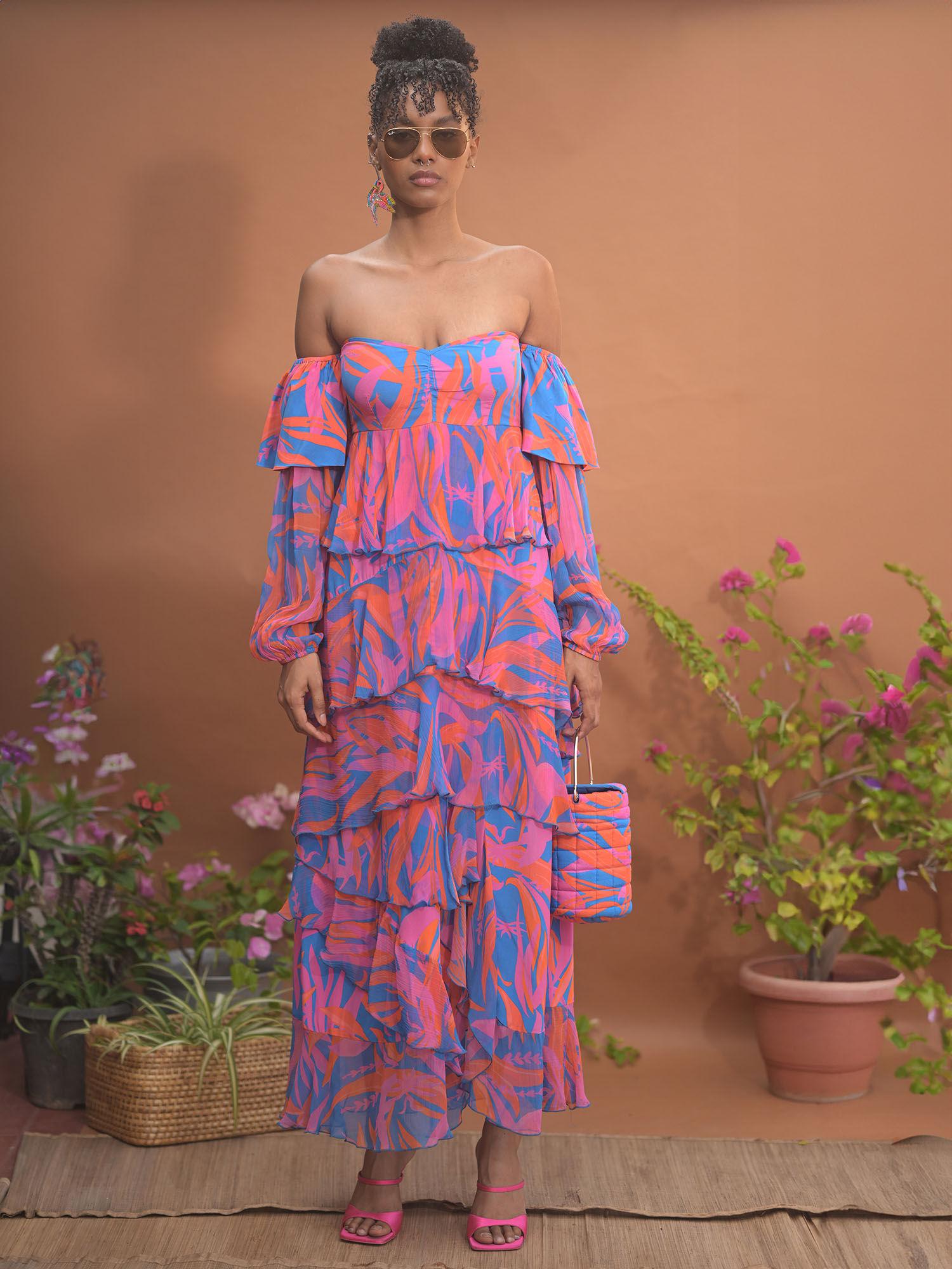 leila chiffon multi-color printed maxi dress