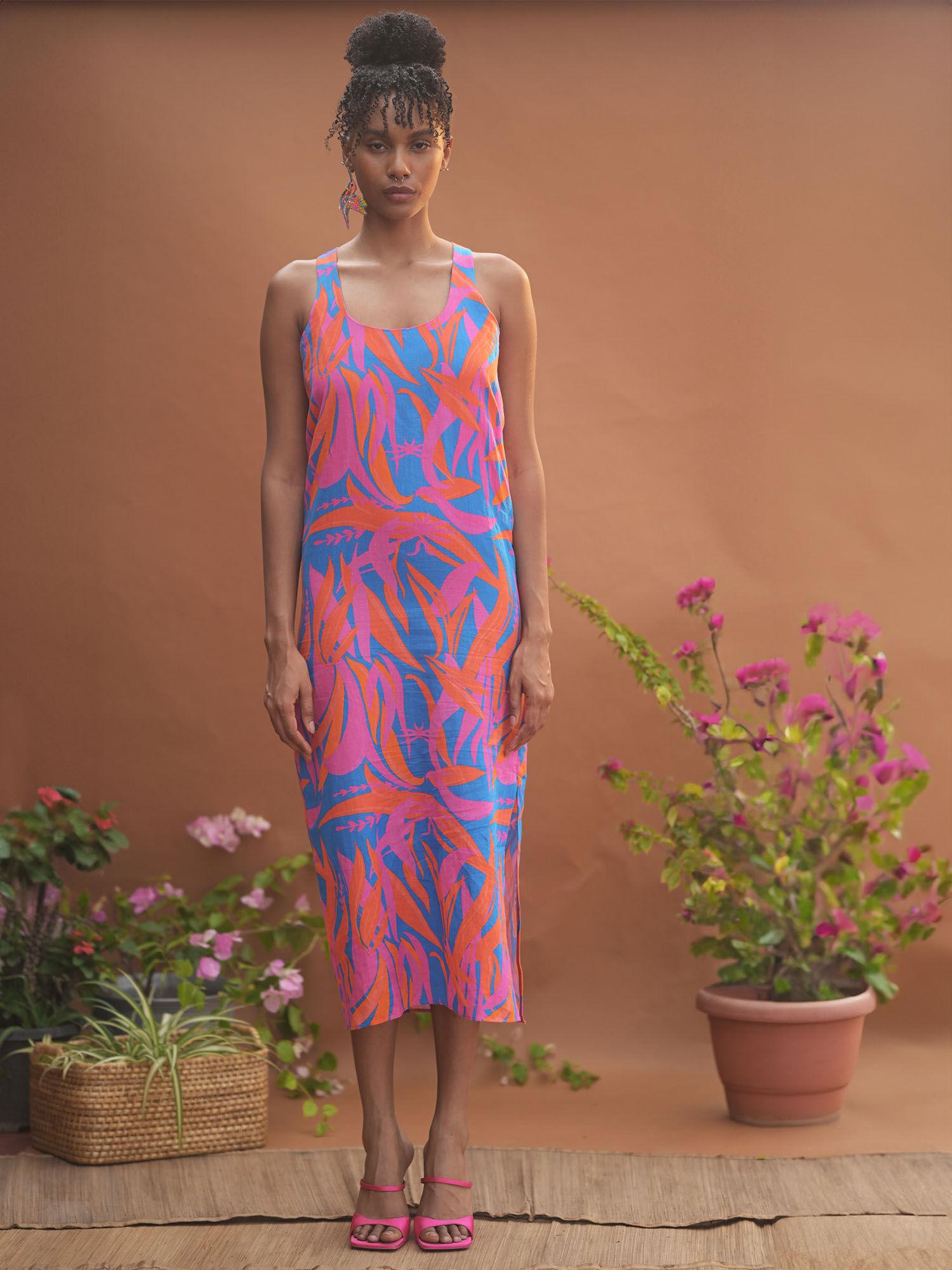 leila linen multi-color printed midi dress
