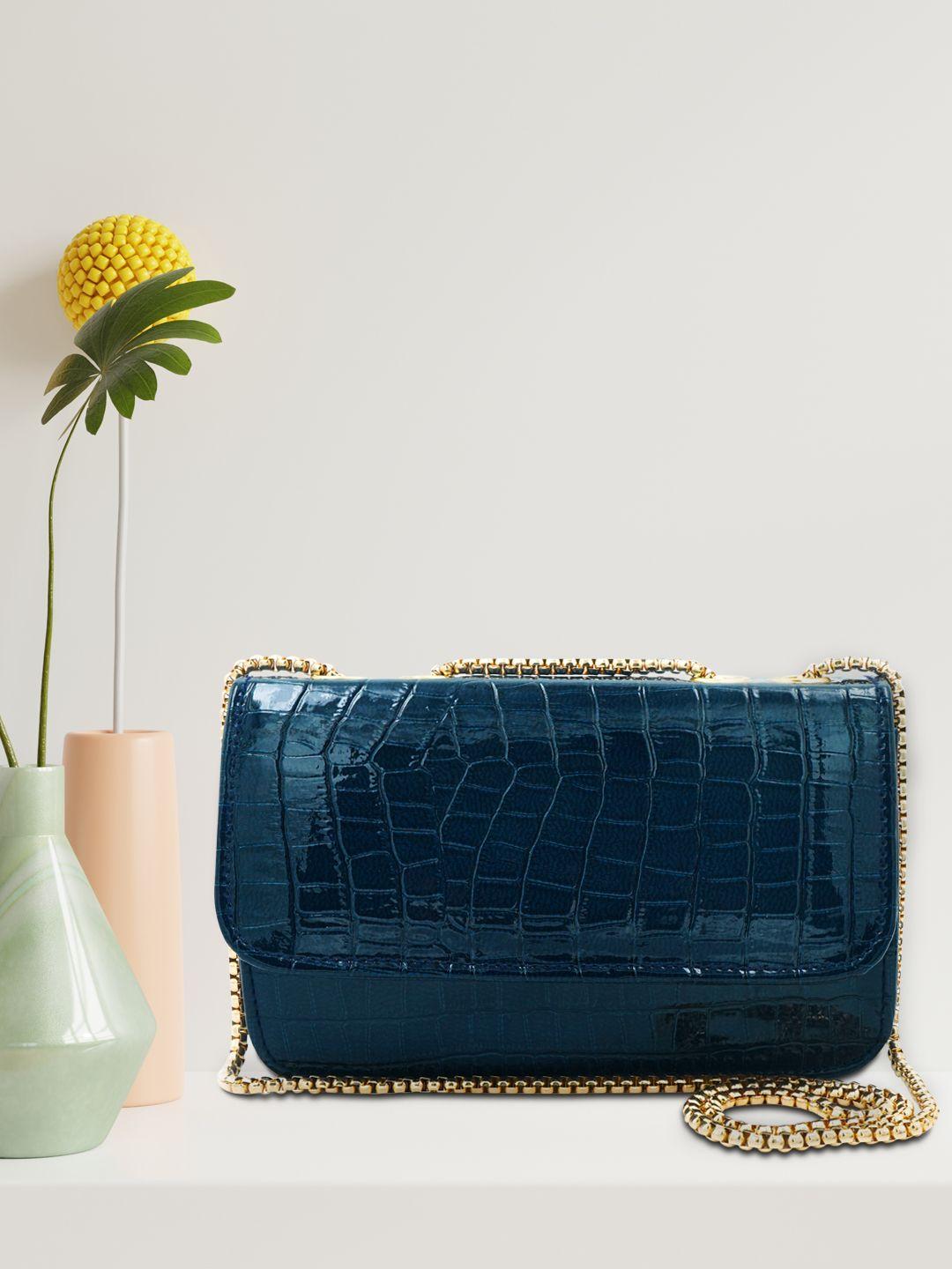 lekhx blue textured pu structured quilted handheld bag