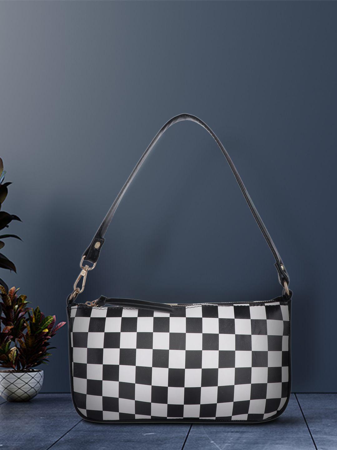 lekhx women black & white checked pu structured handheld bag