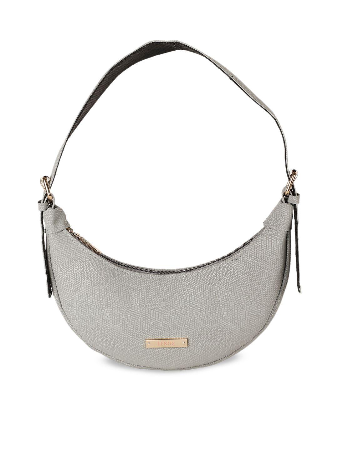 lekhx women grey textured pu half moon shoulder bag