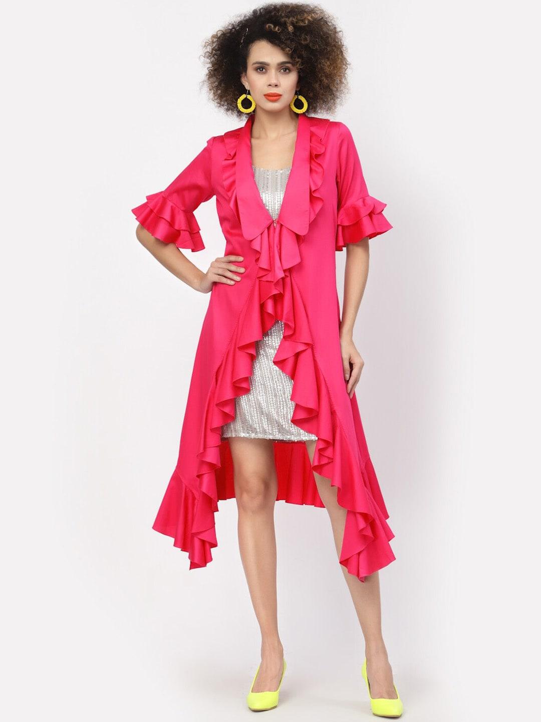 lela women pink lightweight longline cotton open front jacket