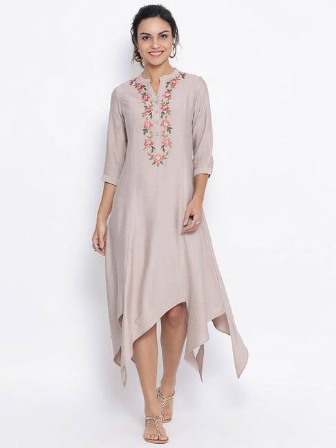 lela beige button embroidered dress