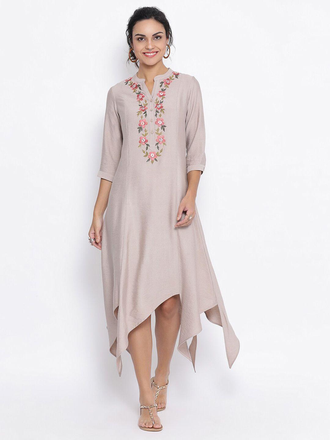 lela beige floral embroidered ethnic a-line cotton midi dress