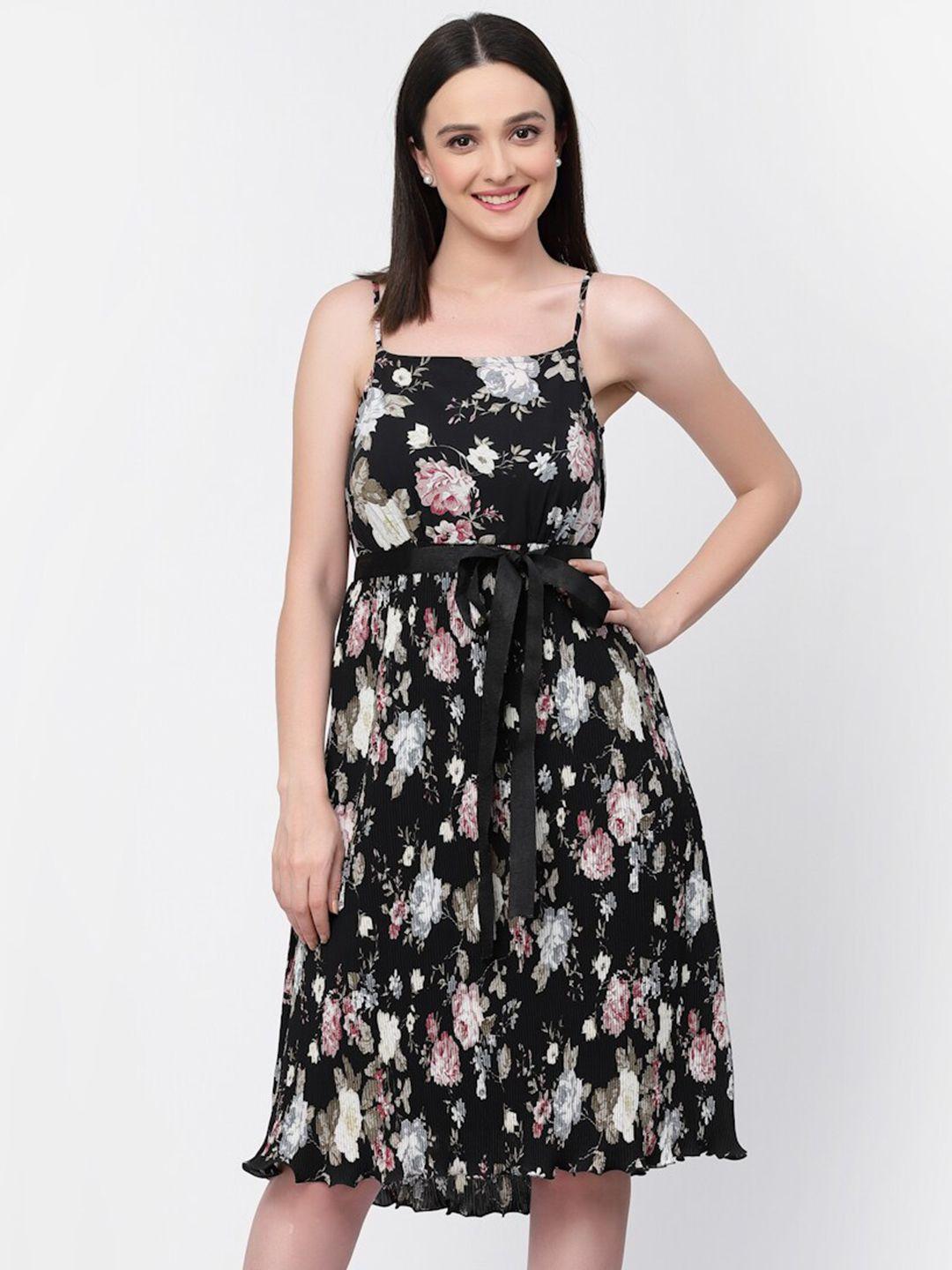 lela black floral printed shoulder straps georgette fit & flare dress