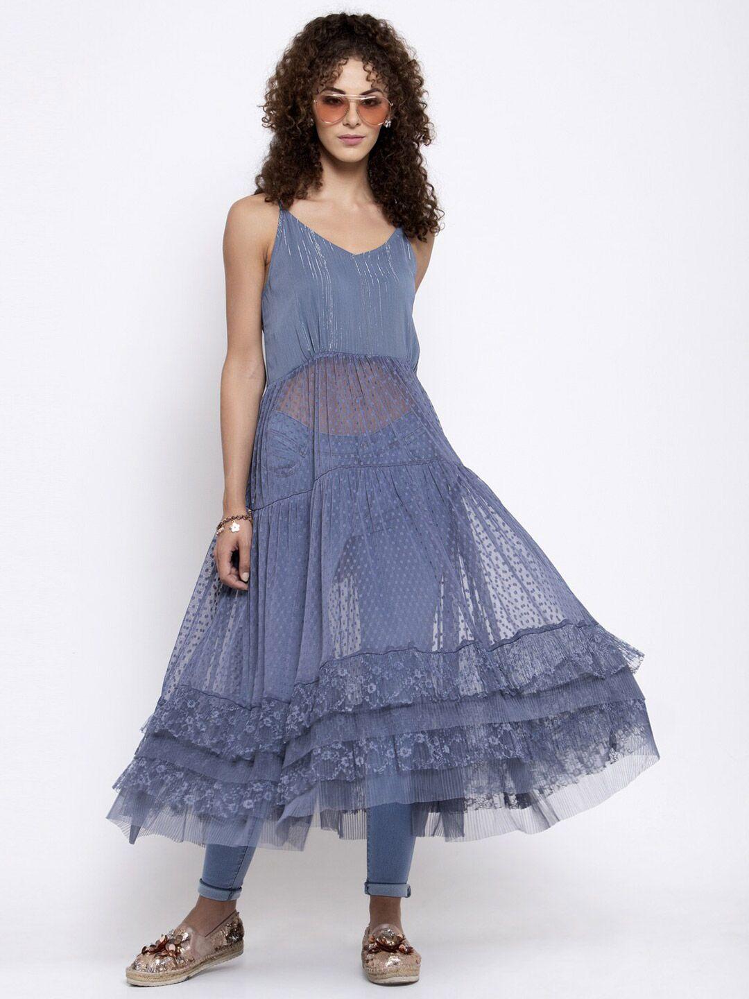 lela blue striped layered net midi dress