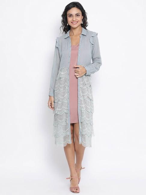 lela blue texture georgette and scalp lace tunic