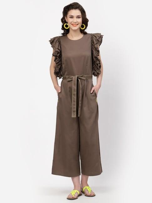 lela brown cotton sleeveless jumpsuit