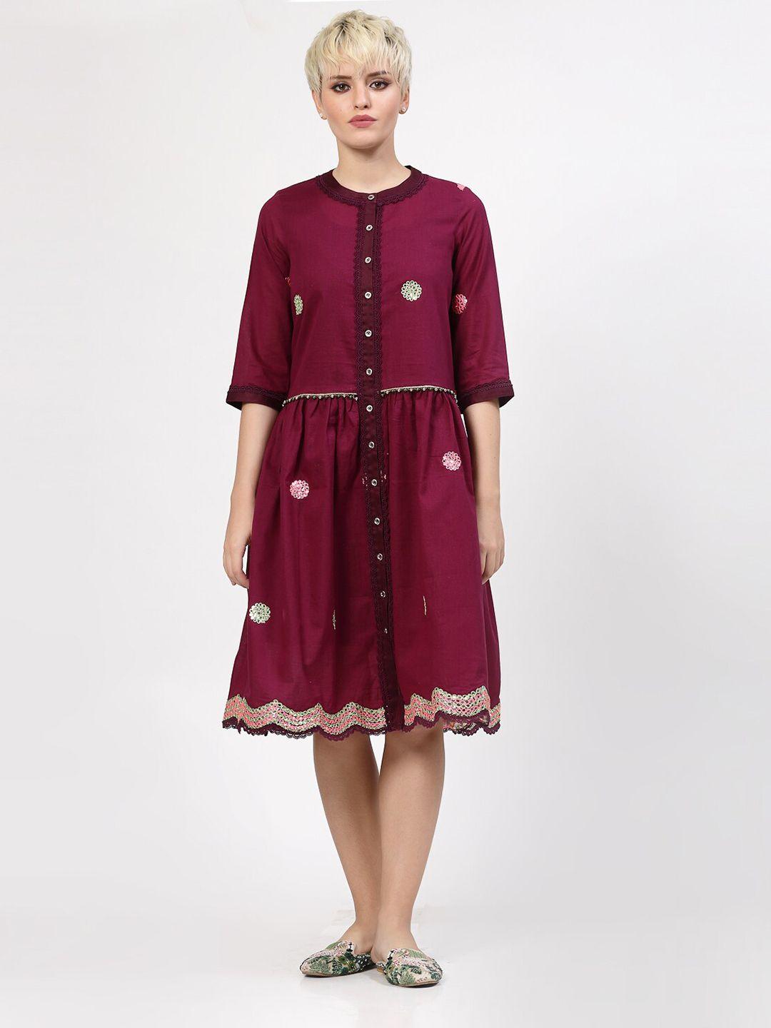 lela ethnic motifs embroidered band collar cotton a-line dress