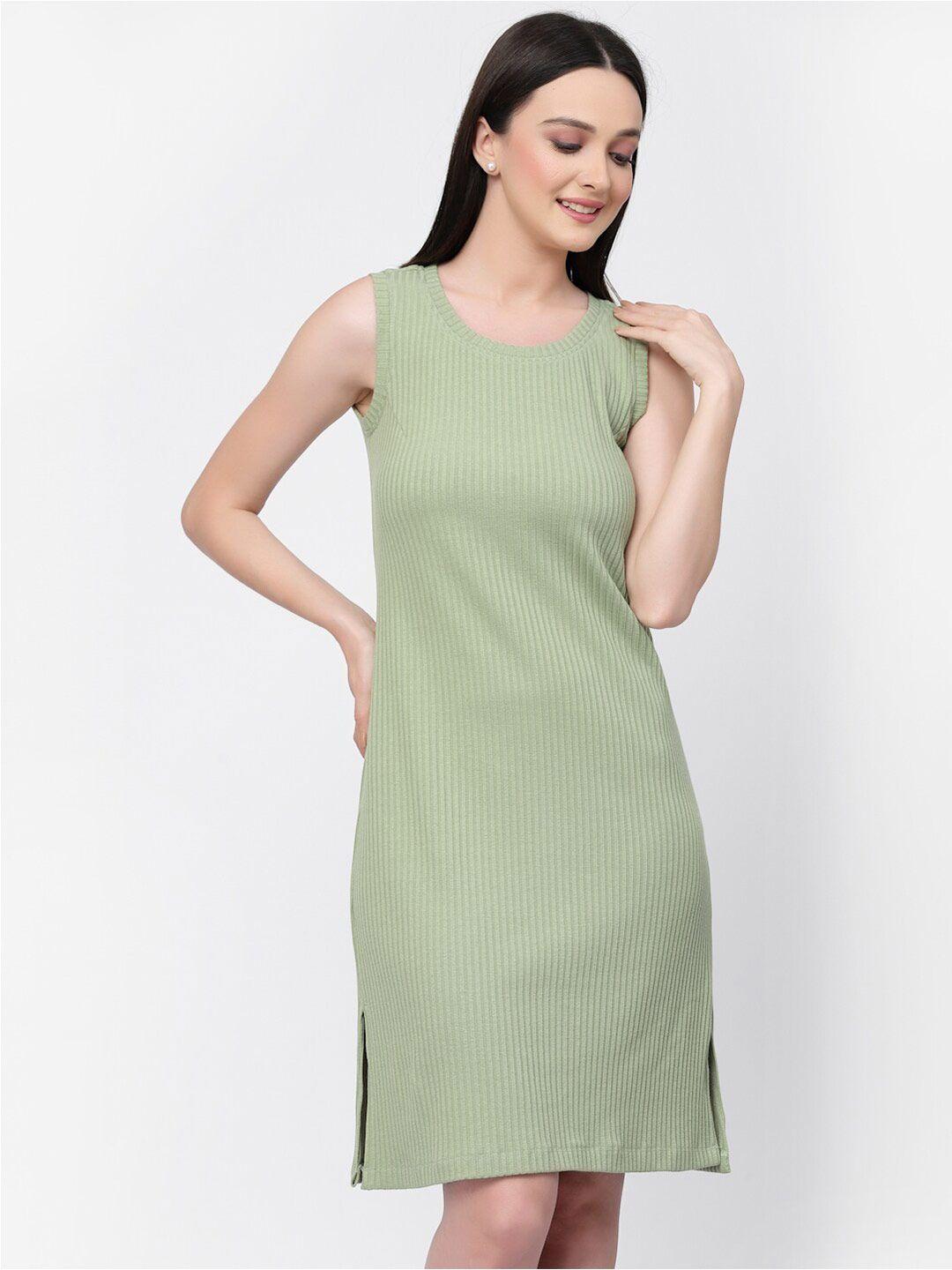 lela green round neck striped a-line dress