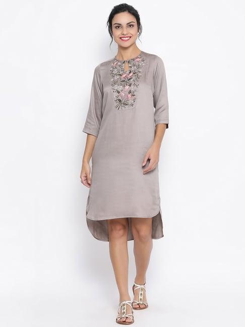 lela grey button embroidered at yoke long tunic