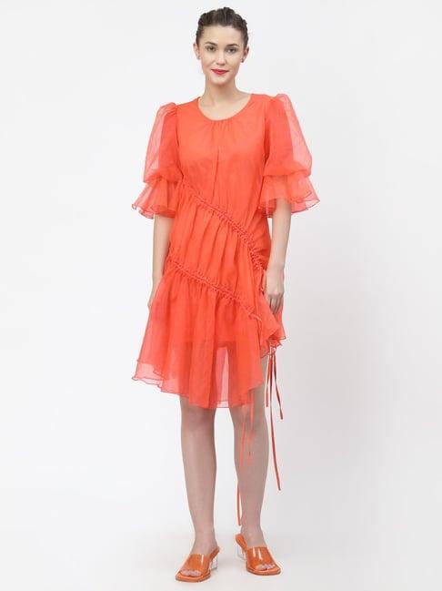 lela peach elbow sleeves assymetric dress