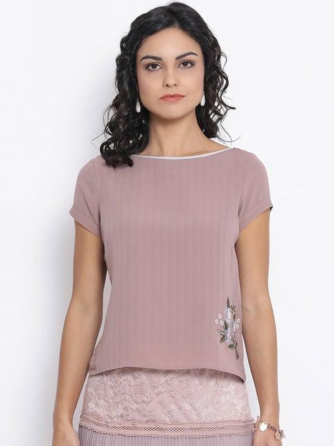 lela rose pink boat neck with button embroidered top