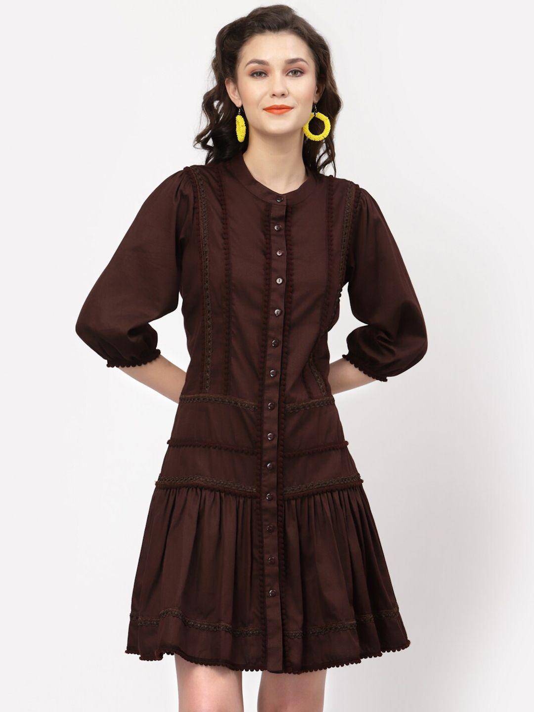 lela women brown cotton drop-waist dress with pom pom lace