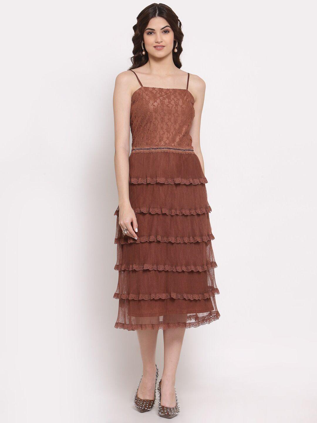 lela women brown net strappy midi dress