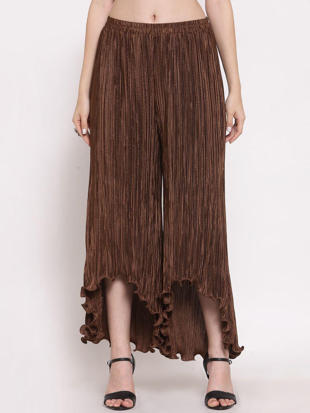 lela women brown relaxed straight leg flared pleated trousers