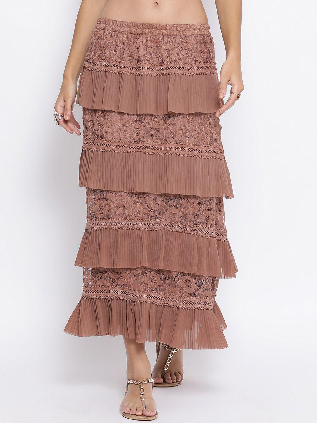 lela women brown tiered lace inserts maxi skirt